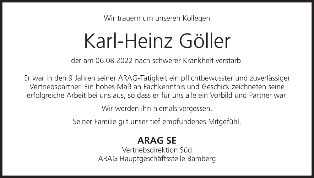  Traueranzeige für Karl-Heinz Göller vom 13.08.2022 aus MGO
