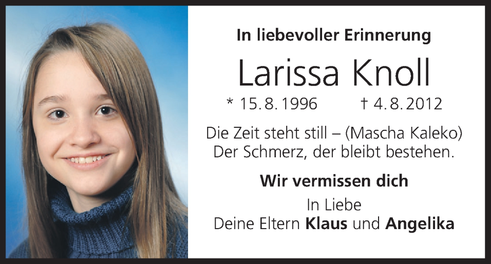  Traueranzeige für Larissa Knoll vom 04.08.2022 aus MGO