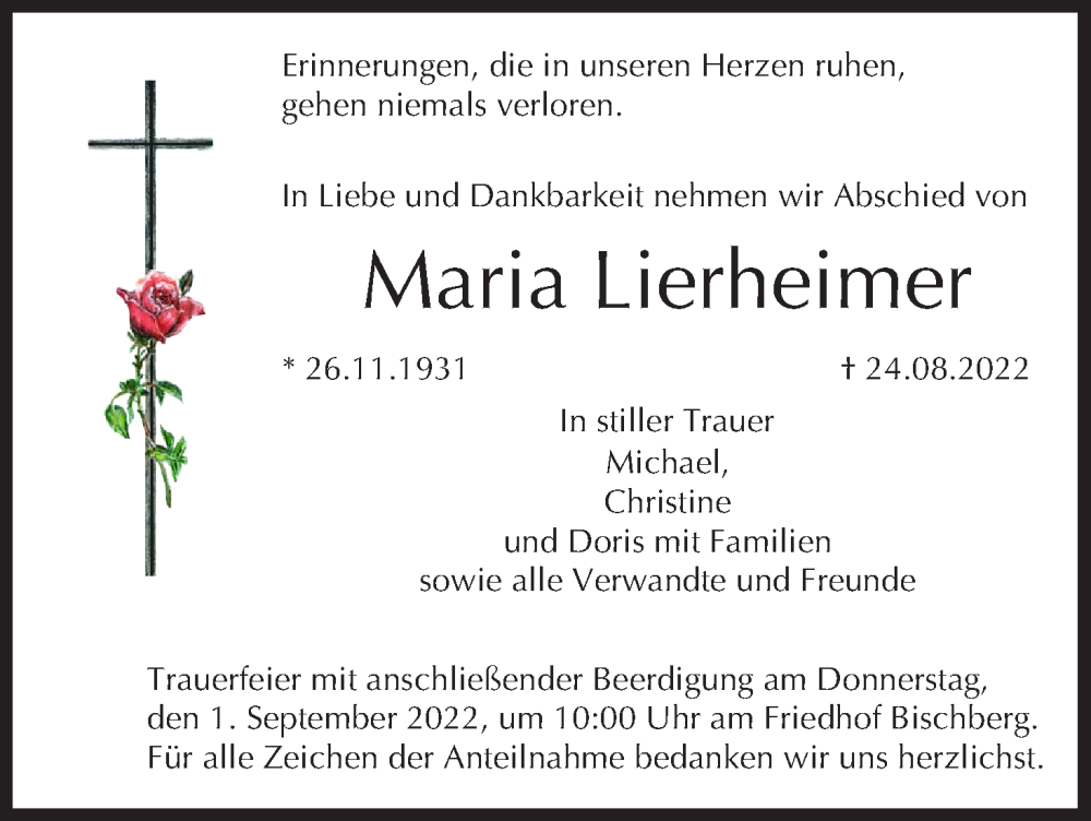  Traueranzeige für Maria Lierheimer vom 27.08.2022 aus MGO