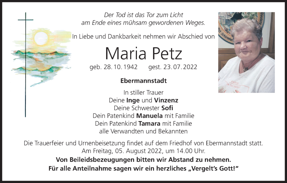 Traueranzeige für Maria Petz vom 02.08.2022 aus MGO