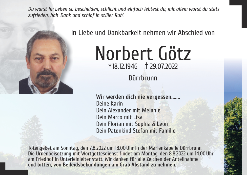 Traueranzeige für Norbert Götz vom 05.08.2022 aus MGO
