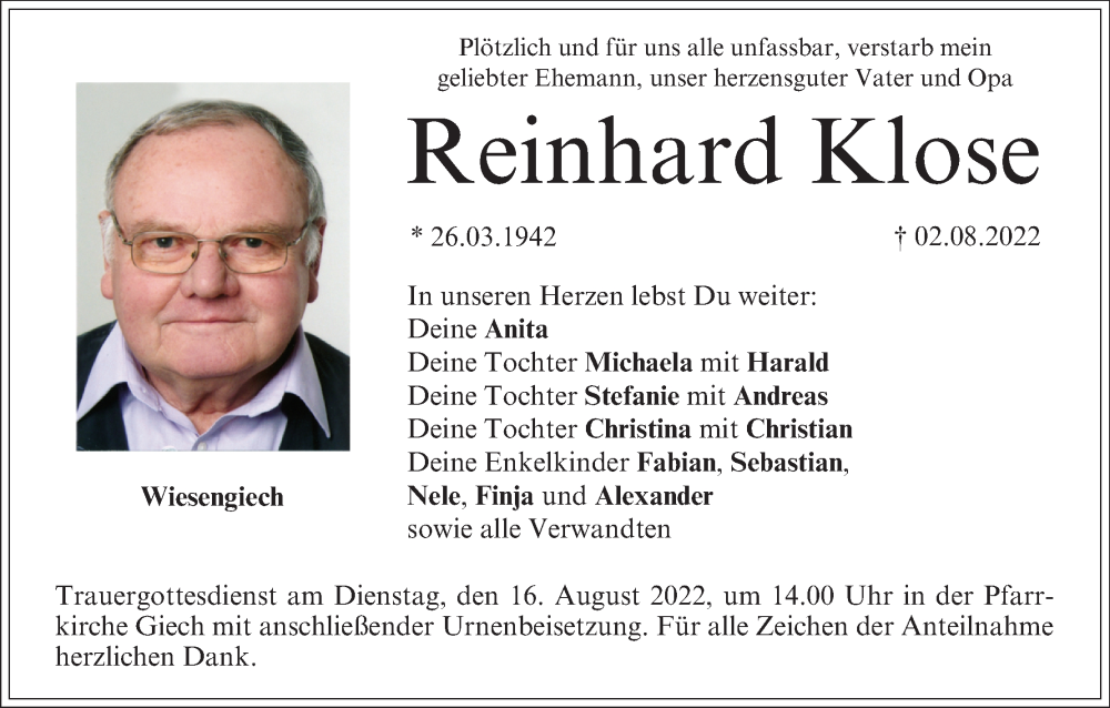 Traueranzeige für Reinhard Klose vom 13.08.2022 aus MGO