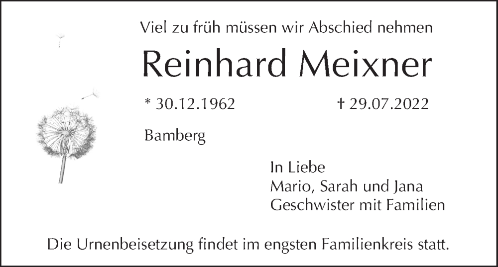  Traueranzeige für Reinhard Meixner vom 06.08.2022 aus MGO