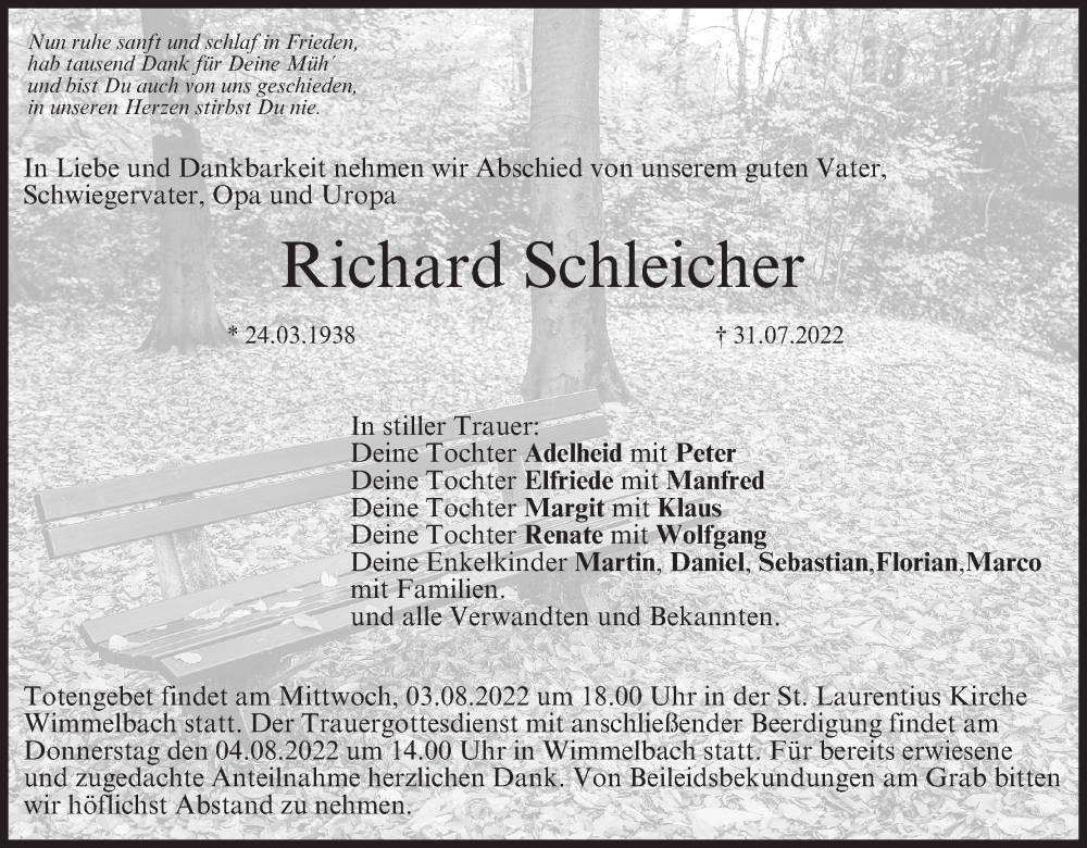  Traueranzeige für Richard Schleicher vom 02.08.2022 aus MGO