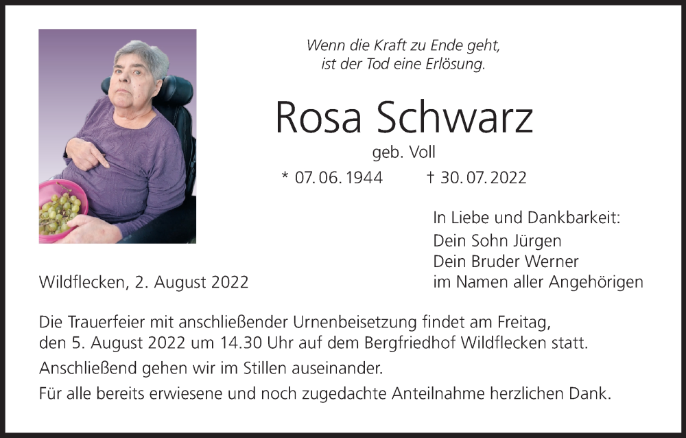  Traueranzeige für Rosa Schwarz vom 02.08.2022 aus MGO