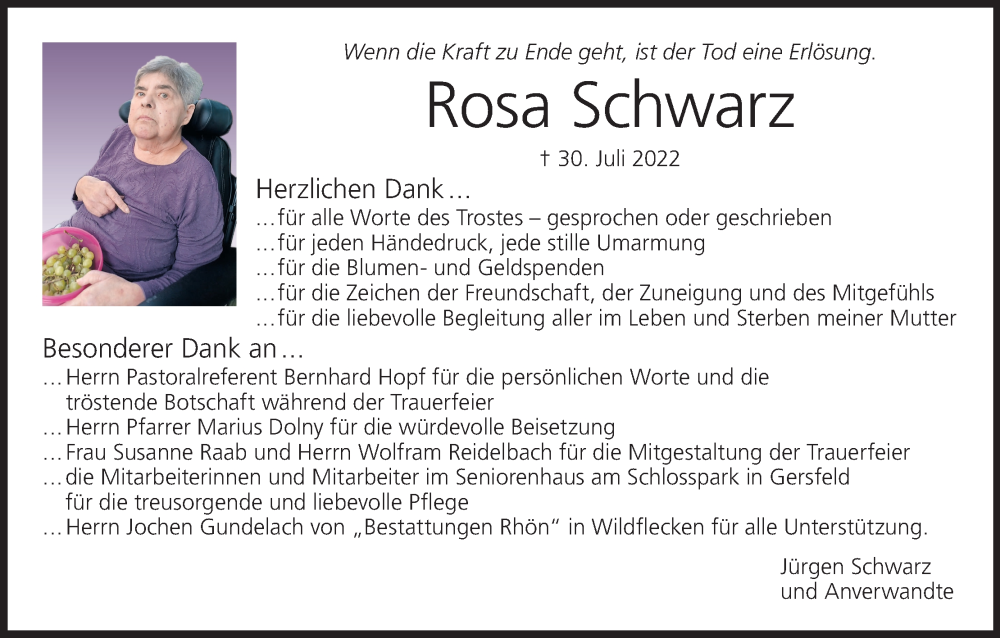  Traueranzeige für Rosa Schwarz vom 13.08.2022 aus MGO