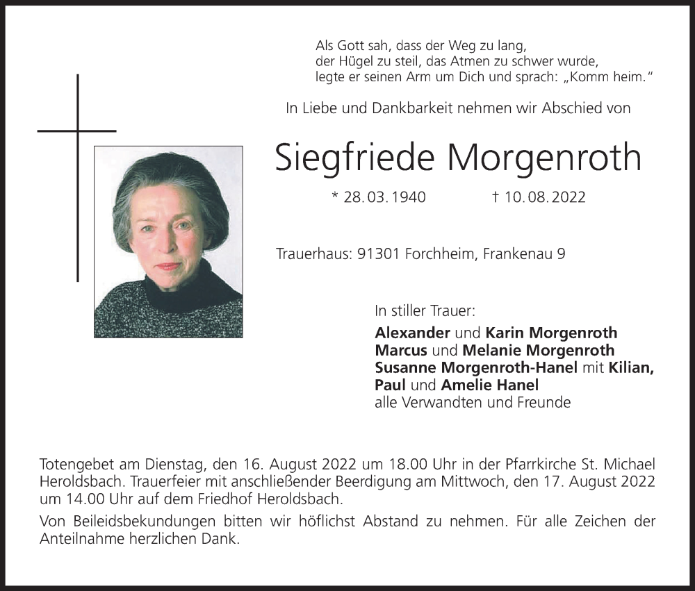  Traueranzeige für Siegfriede Morgenroth vom 13.08.2022 aus MGO