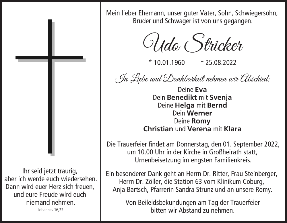  Traueranzeige für Udo Stricker vom 30.08.2022 aus MGO