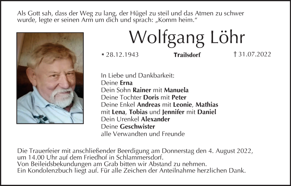  Traueranzeige für Wolfgang Löhr vom 02.08.2022 aus MGO