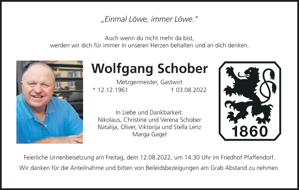  Traueranzeige für Wolfgang Schober vom 09.08.2022 aus MGO