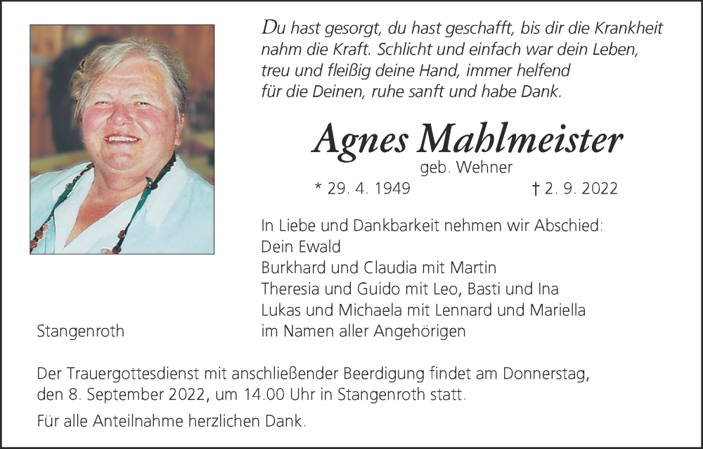  Traueranzeige für Agnes Mahlmeister vom 03.09.2022 aus MGO