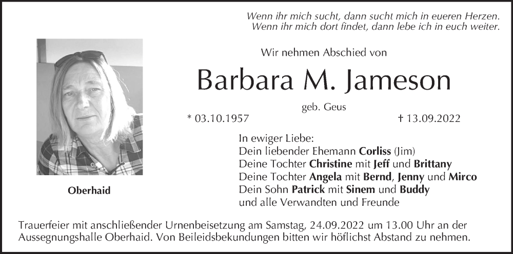  Traueranzeige für Barbara M. Jameson vom 21.09.2022 aus MGO