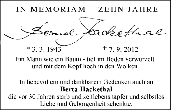 Anzeige von Bernd Hackethal von MGO