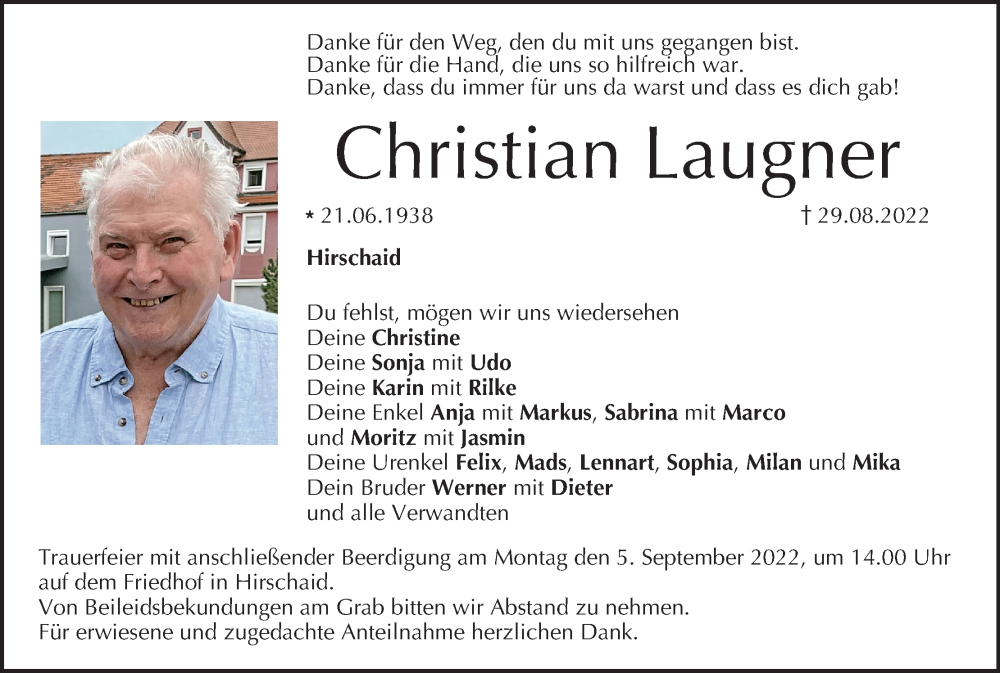  Traueranzeige für Christian Laugner vom 03.09.2022 aus MGO