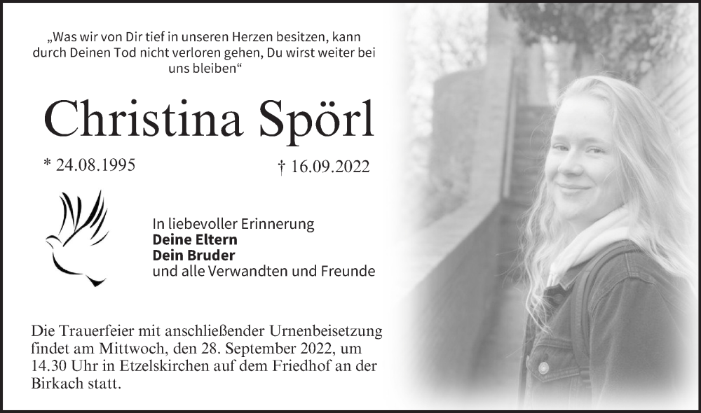  Traueranzeige für Christina Spörl vom 24.09.2022 aus MGO