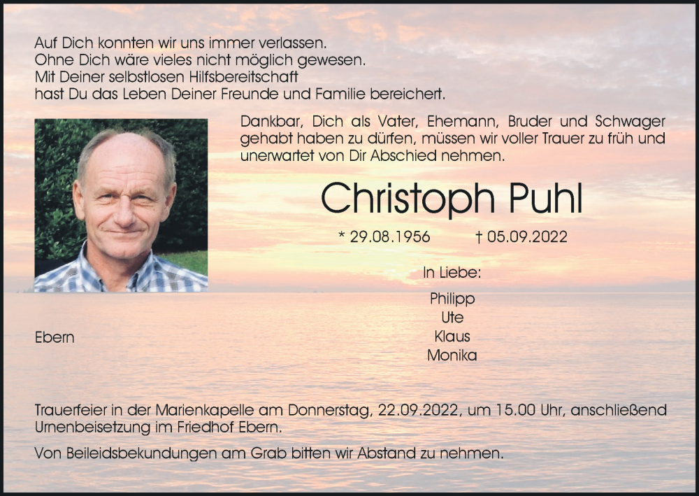  Traueranzeige für Christoph Puhl vom 17.09.2022 aus MGO
