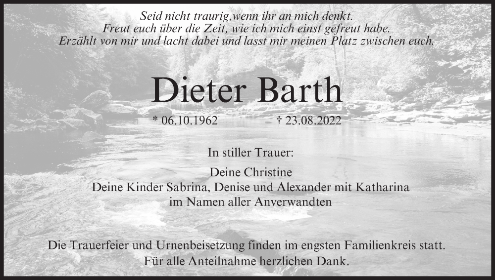  Traueranzeige für Dieter Barth vom 01.09.2022 aus MGO