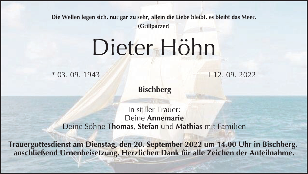  Traueranzeige für Dieter Höhn vom 17.09.2022 aus MGO