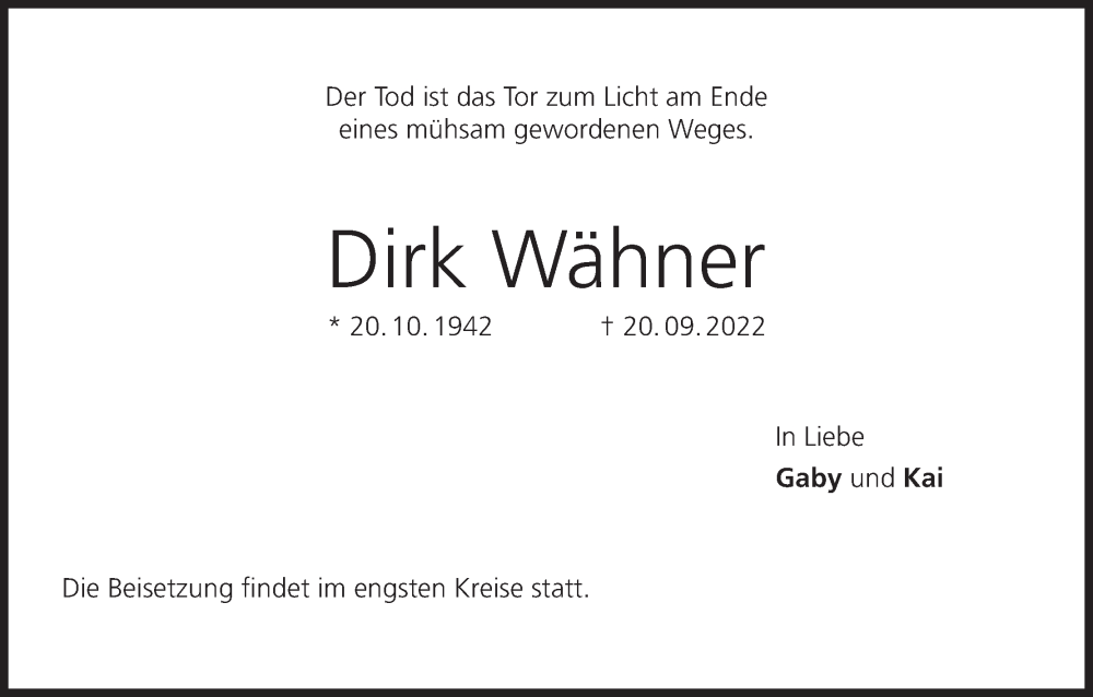  Traueranzeige für Dirk Wähner vom 23.09.2022 aus MGO