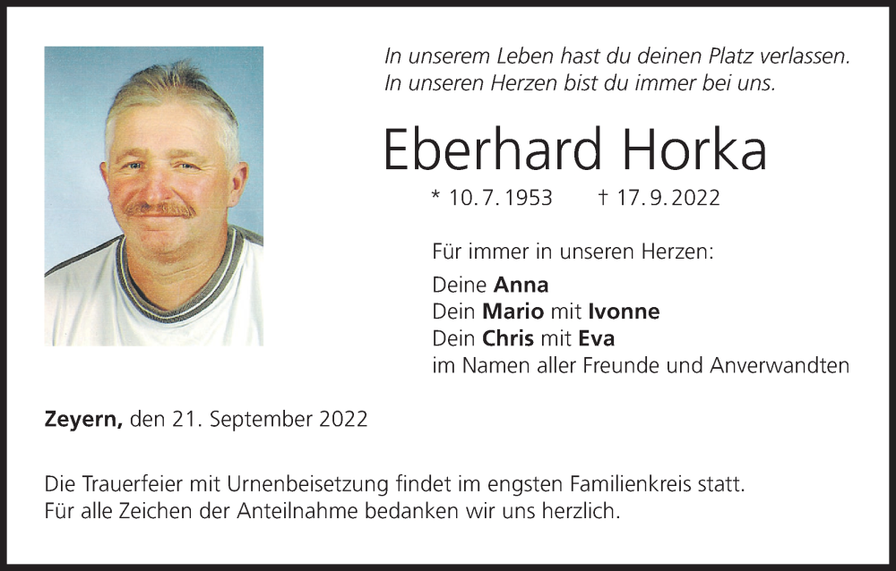 Traueranzeige für Eberhard Horka vom 21.09.2022 aus MGO