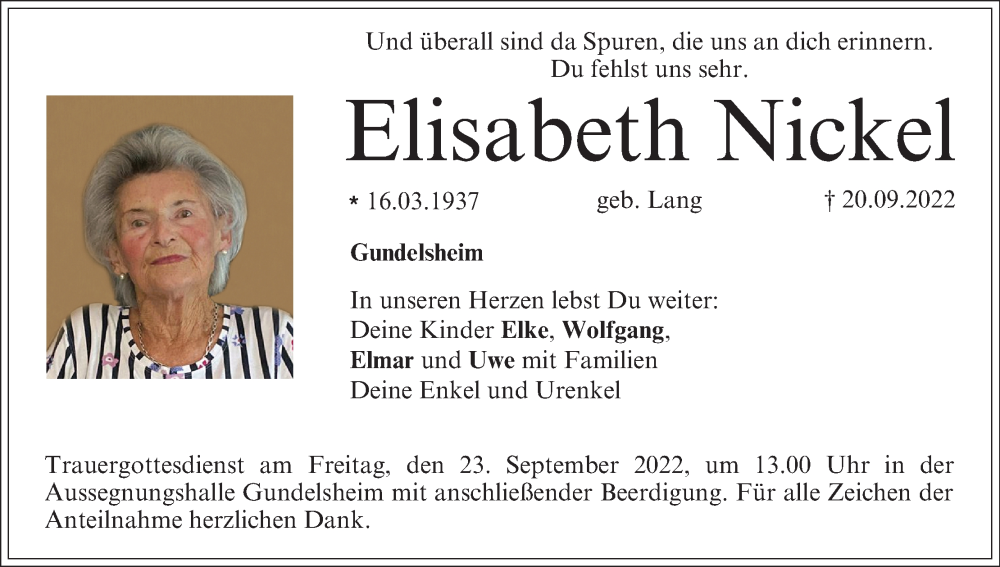  Traueranzeige für Elisabeth Nickel vom 21.09.2022 aus MGO