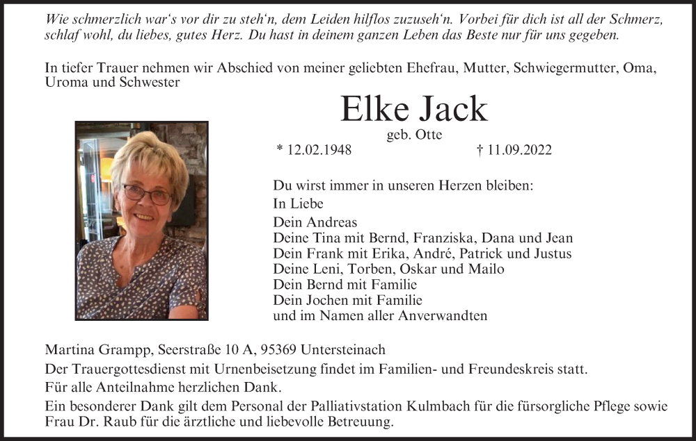  Traueranzeige für Elke Jack vom 17.09.2022 aus MGO