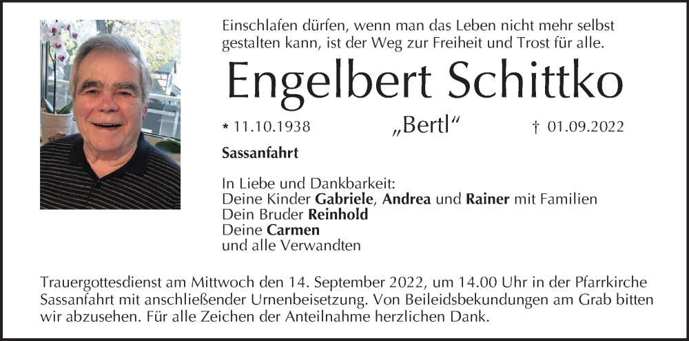  Traueranzeige für Engelbert Schittko vom 10.09.2022 aus MGO