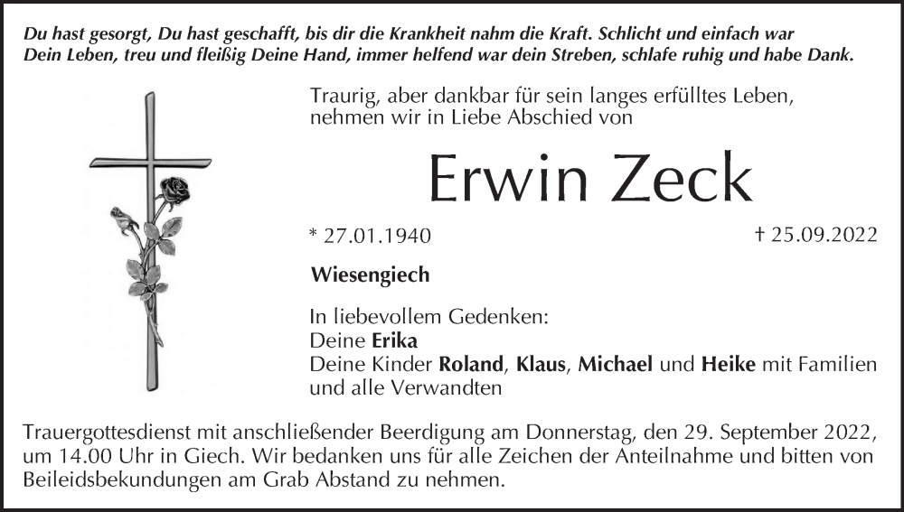  Traueranzeige für Erwin Zeck vom 27.09.2022 aus MGO