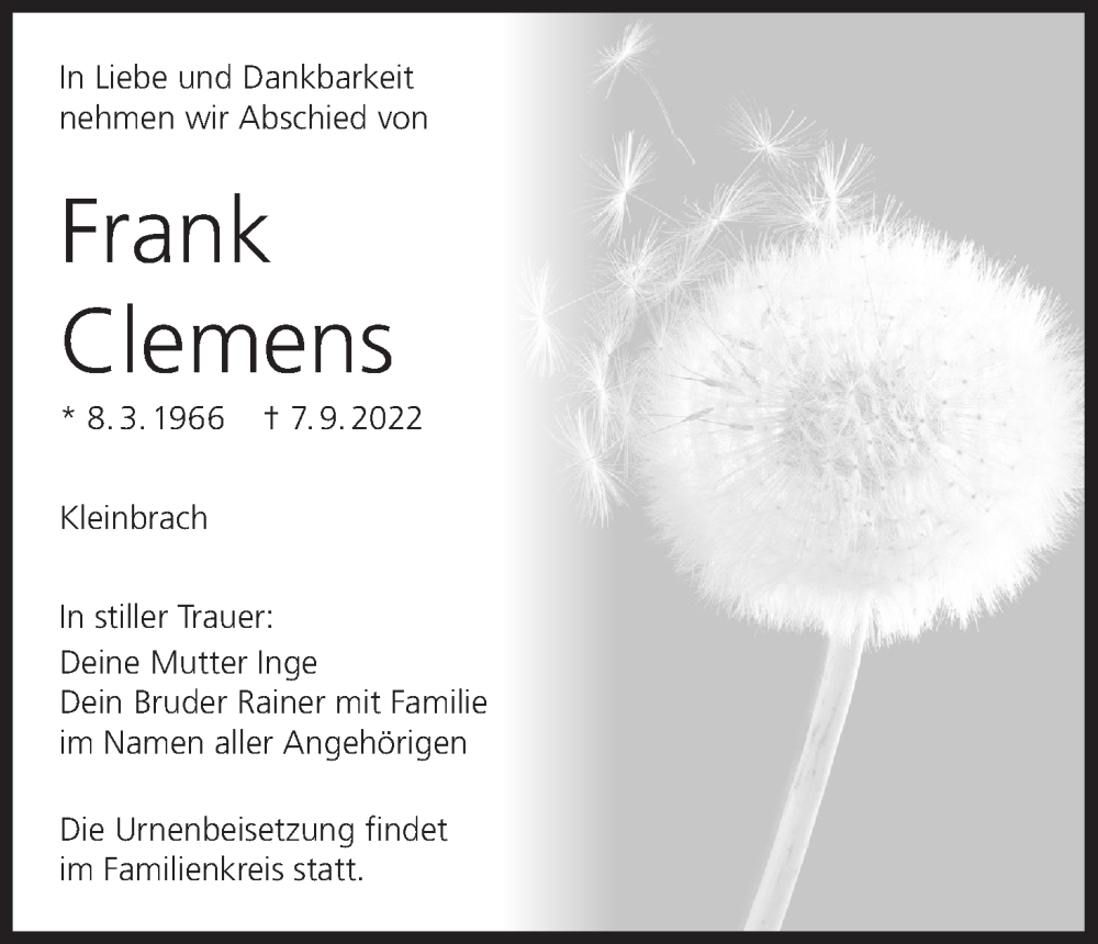  Traueranzeige für Frank Clemens vom 10.09.2022 aus MGO