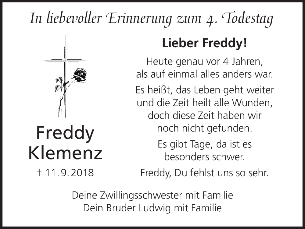 Traueranzeige für Freddy Klemenz vom 10.09.2022 aus MGO