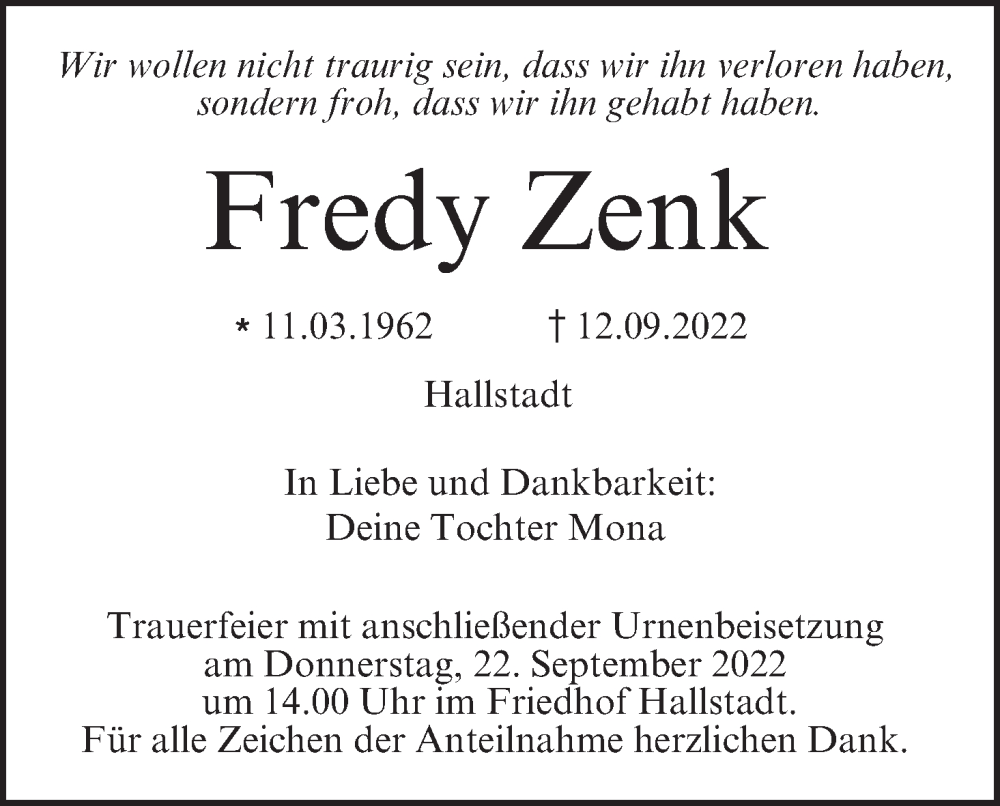  Traueranzeige für Fredy Zenk vom 17.09.2022 aus MGO