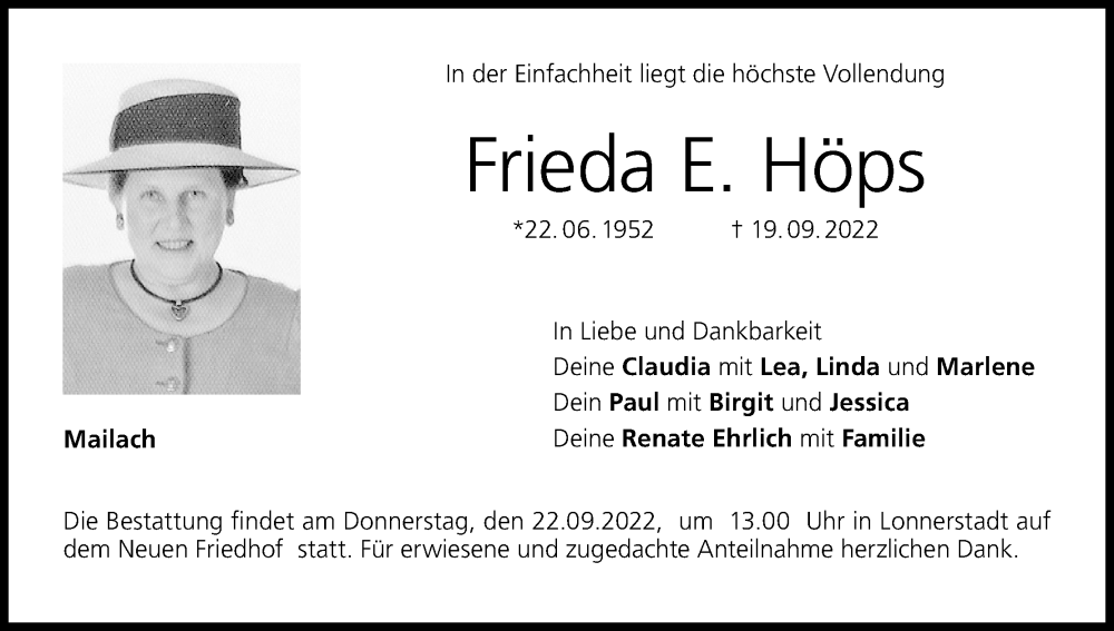  Traueranzeige für Frieda E. Höps vom 21.09.2022 aus MGO