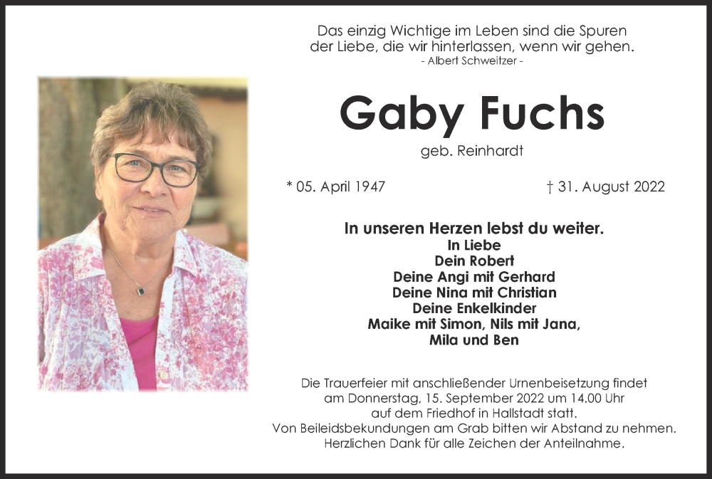  Traueranzeige für Gaby Fuchs vom 10.09.2022 aus MGO