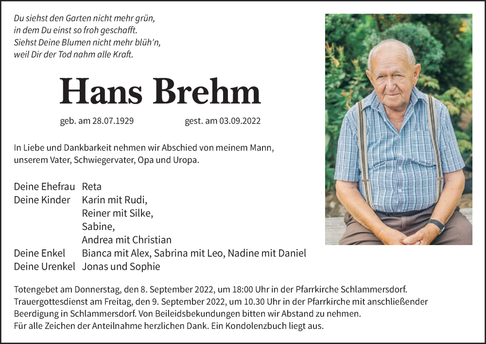 Traueranzeige für Hans Brehm vom 07.09.2022 aus MGO