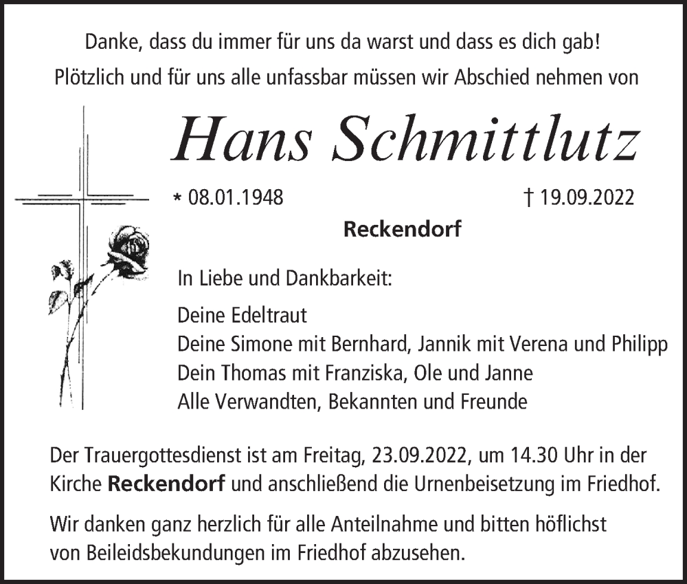  Traueranzeige für Hans Schmittlutz vom 21.09.2022 aus MGO