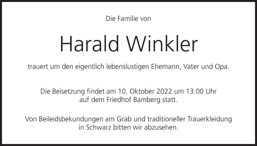  Traueranzeige für Harald Winkler vom 01.10.2022 aus MGO