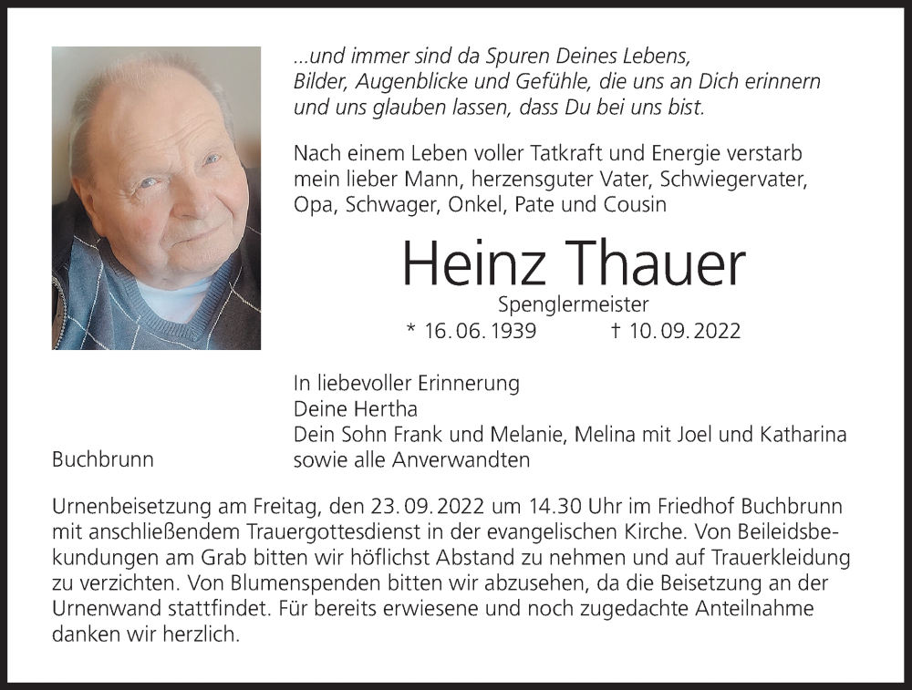  Traueranzeige für Heinz Thauer vom 20.09.2022 aus MGO