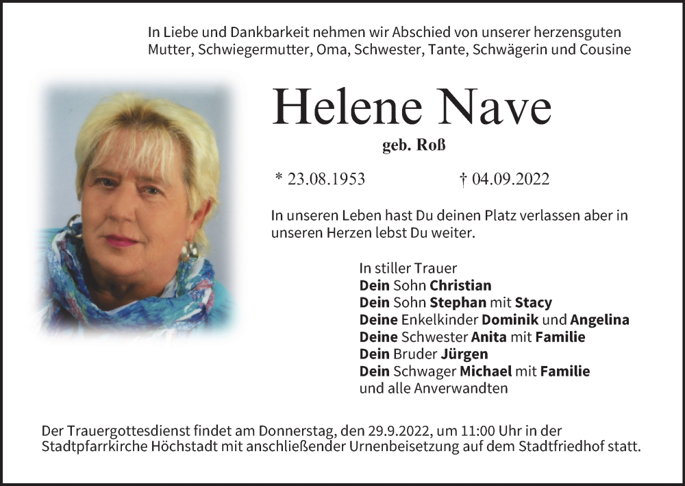  Traueranzeige für Helene Nave vom 26.09.2022 aus MGO