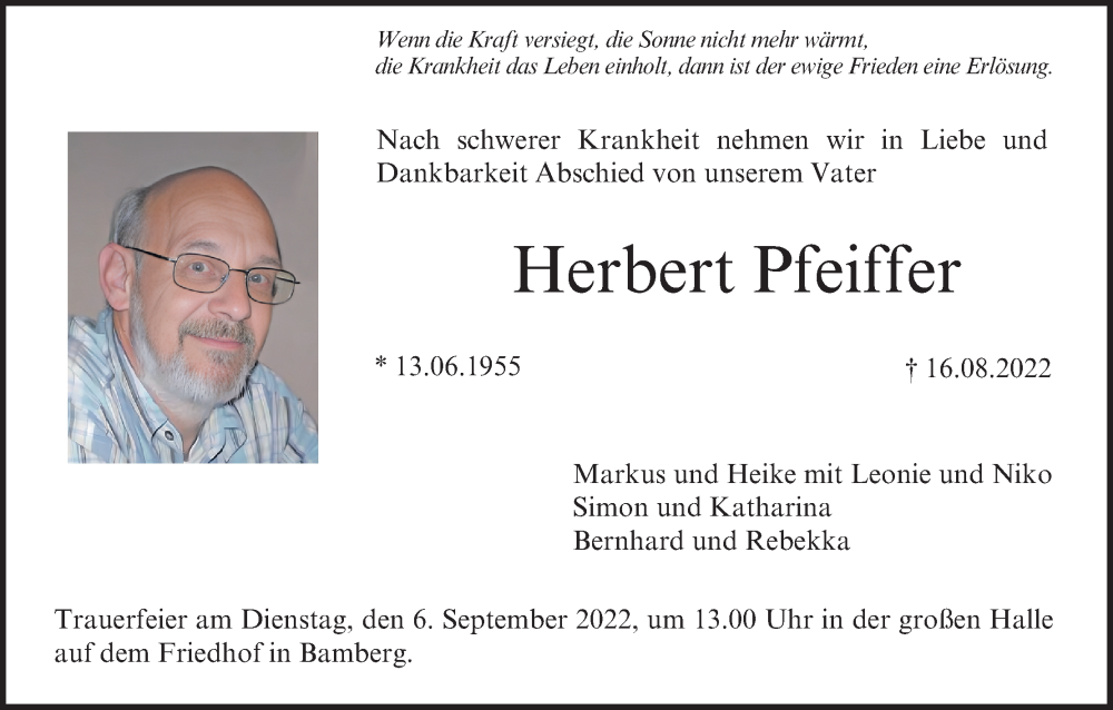  Traueranzeige für Herbert Pfeiffer vom 03.09.2022 aus MGO