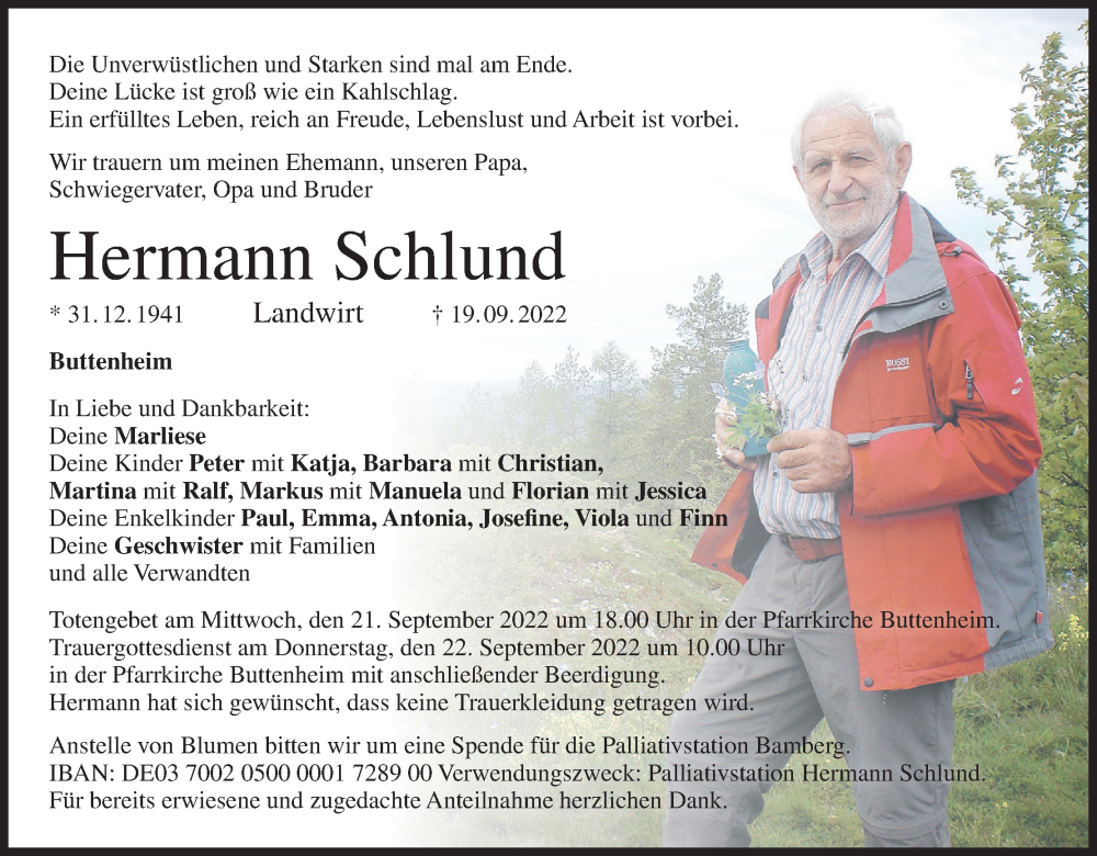  Traueranzeige für Hermann Schlund vom 21.09.2022 aus MGO