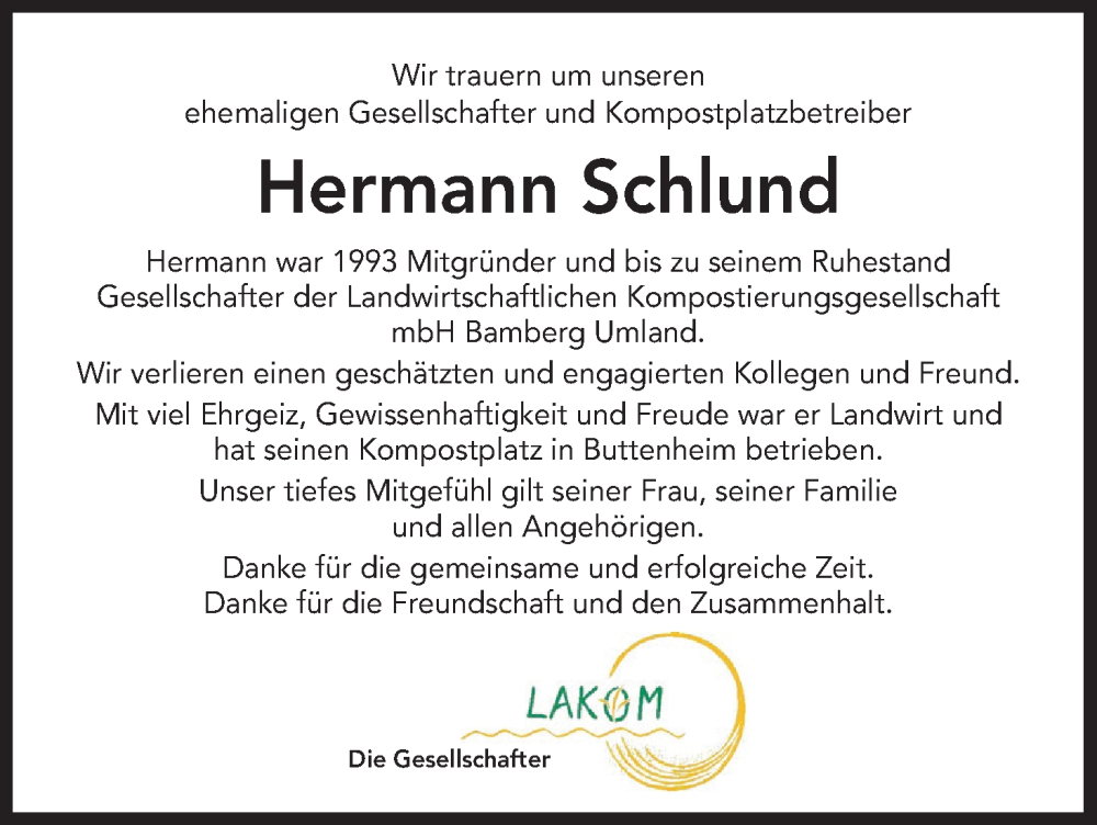 Traueranzeige für Hermann Schlund vom 22.09.2022 aus MGO