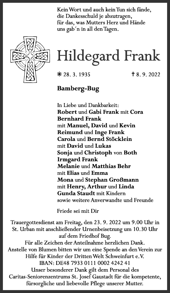  Traueranzeige für Hildegard Frank vom 20.09.2022 aus MGO