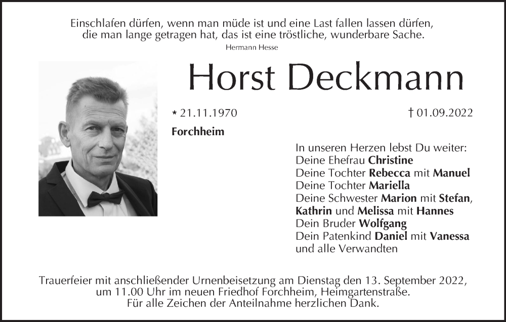  Traueranzeige für Horst Deckmann vom 10.09.2022 aus MGO