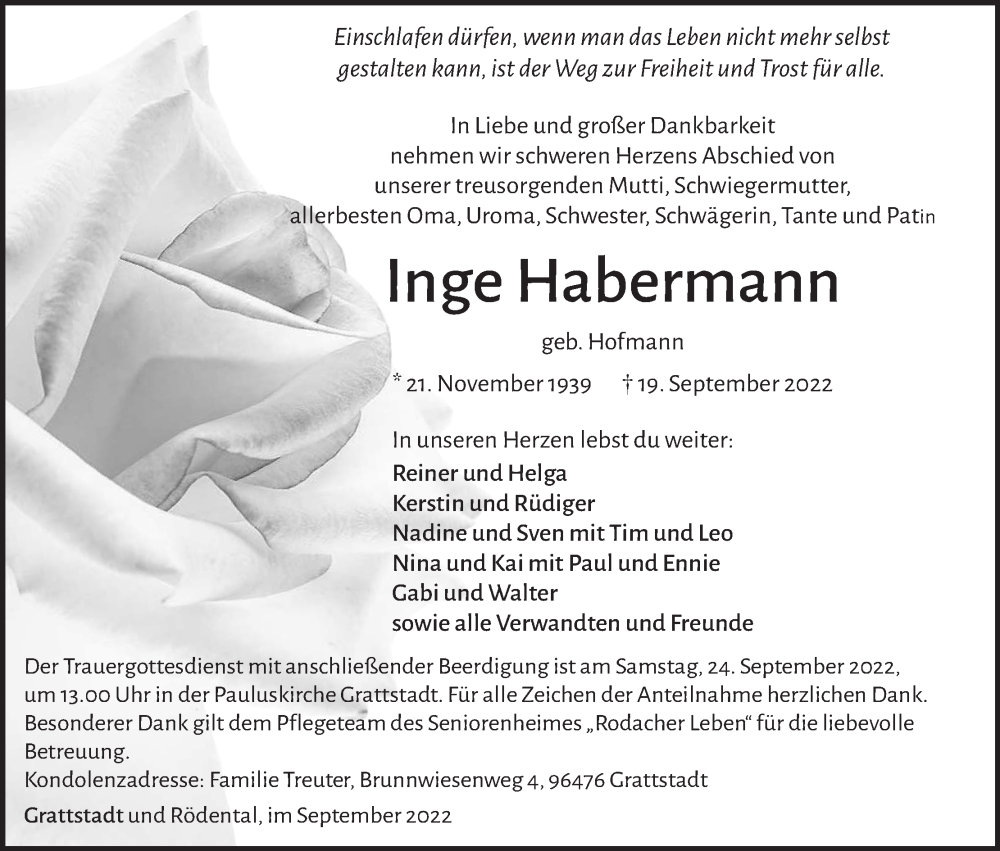  Traueranzeige für Inge Habermann vom 22.09.2022 aus MGO