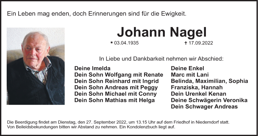  Traueranzeige für Johann Nagel vom 21.09.2022 aus MGO