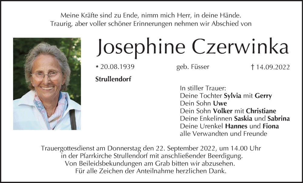  Traueranzeige für Josephine Czerwinka vom 20.09.2022 aus MGO