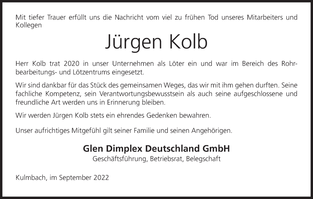  Traueranzeige für Jürgen Kolb vom 10.09.2022 aus MGO