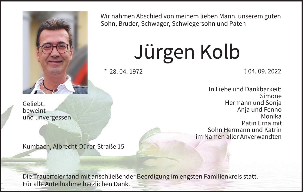  Traueranzeige für Jürgen Kolb vom 10.09.2022 aus MGO