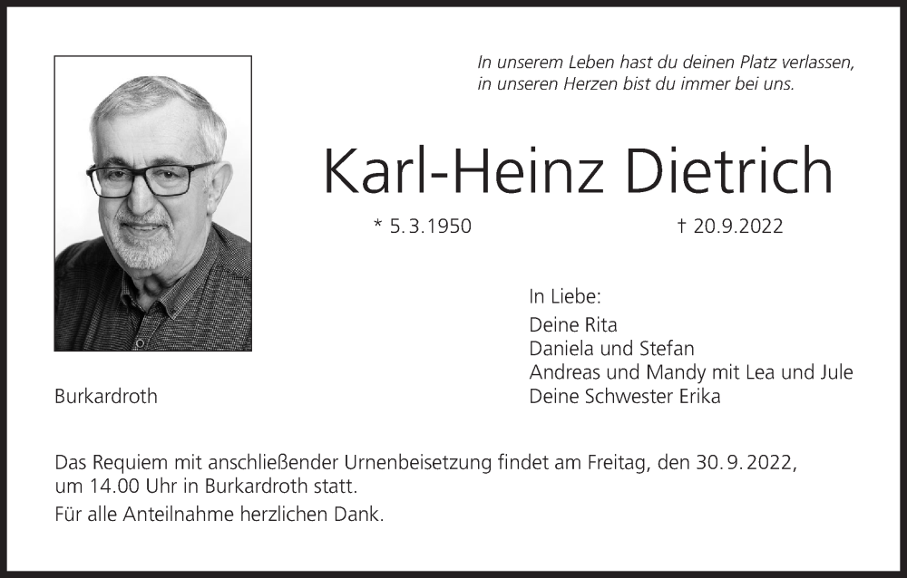  Traueranzeige für Karl-Heinz Dietrich vom 24.09.2022 aus MGO