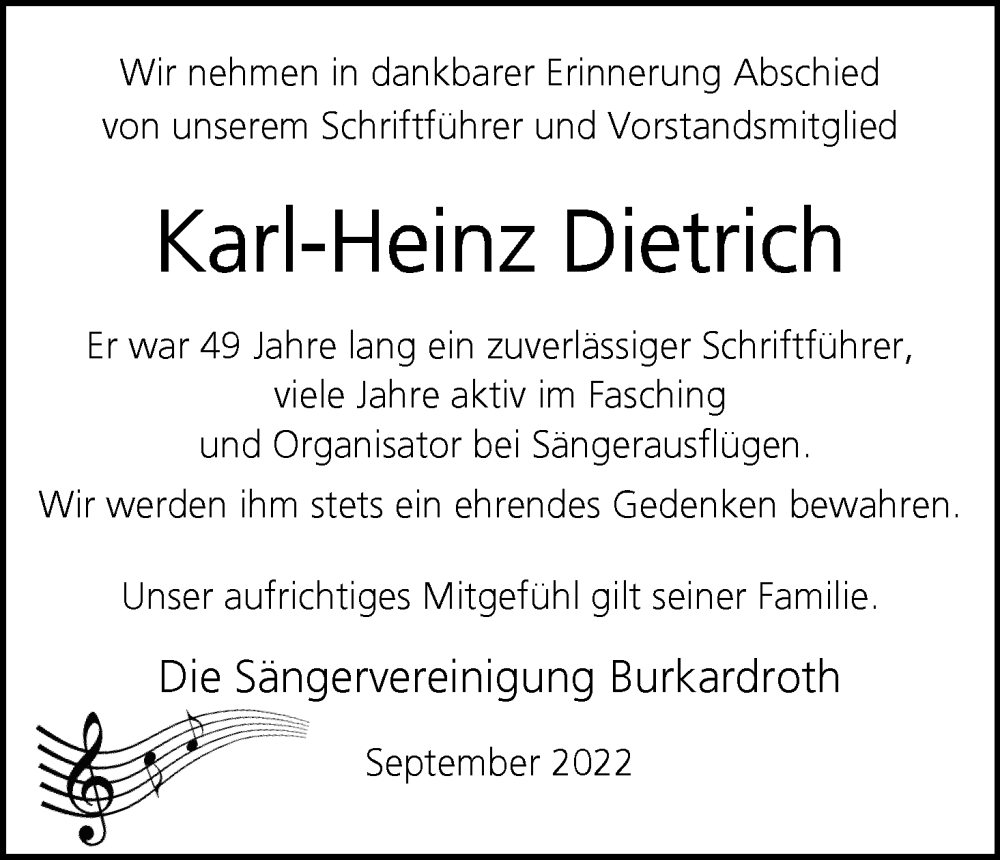  Traueranzeige für Karl-Heinz Dietrich vom 24.09.2022 aus MGO